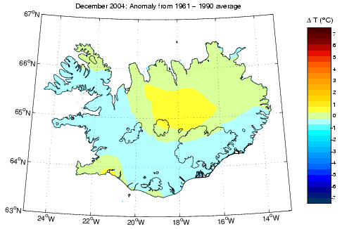 Frávik frá meðalhita í desember 2004 