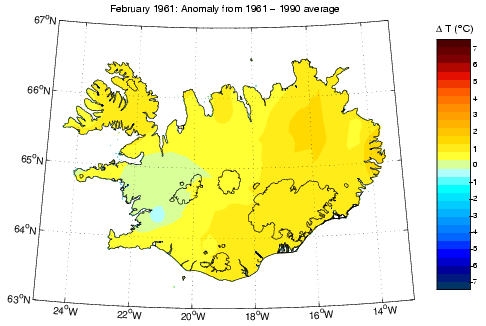 Frávik frá meðalhita í febrúar 1961