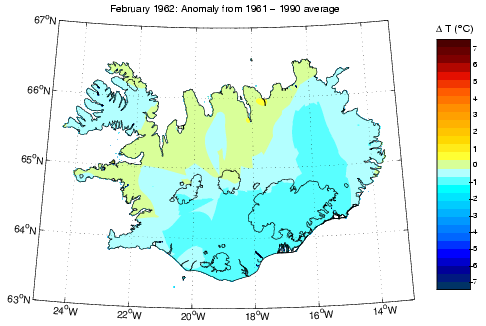 Frávik frá meðalhita í febrúar 1962