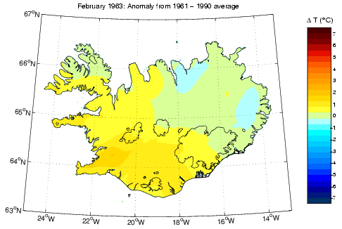 Frávik frá meðalhita í febrúar 1963