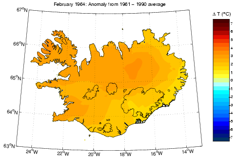 Frávik frá meðalhita í febrúar 1964