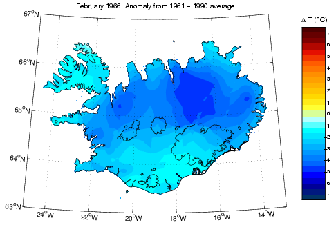 Frávik frá meðalhita í febrúar 1966