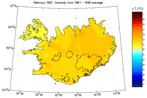 Frávik frá meðalhita í febrúar 1967