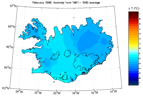 Frávik frá meðalhita í febrúar 1968