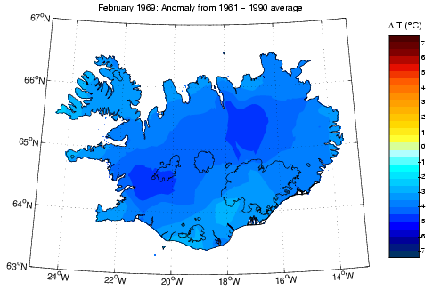 Frávik frá meðalhita í febrúar 1969