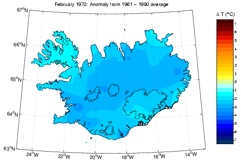 Frávik frá meðalhita í febrúar 1970