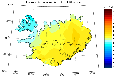 Frávik frá meðalhita í febrúar 1971