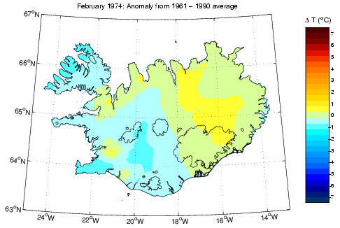 Frávik frá meðalhita í febrúar 1974