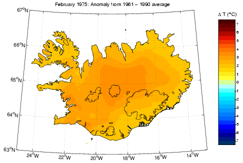 Frávik frá meðalhita í febrúar 1975