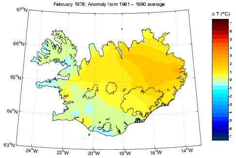 Frávik frá meðalhita í febrúar 1976