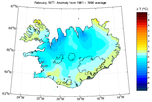 Frávik frá meðalhita í febrúar 1977