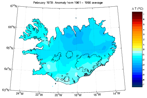 Frávik frá meðalhita í febrúar 1978