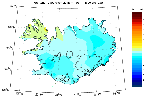 Frávik frá meðalhita í febrúar 1979