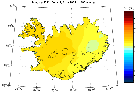 Frávik frá meðalhita í febrúar 1980