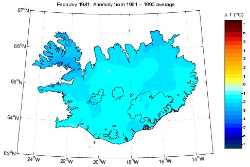 Frávik frá meðalhita í febrúar 1981