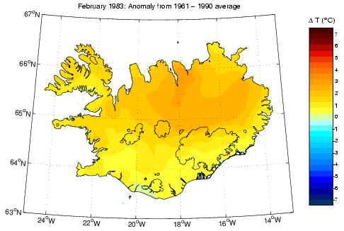 Frávik frá meðalhita í febrúar 1983