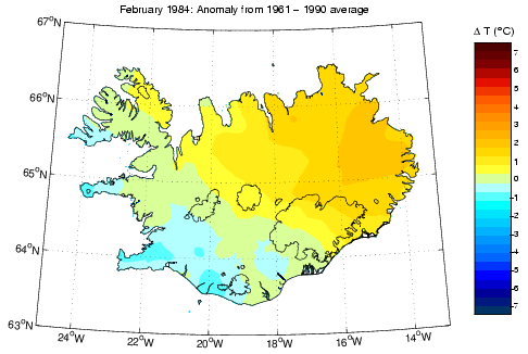 Frávik frá meðalhita í febrúar 1984