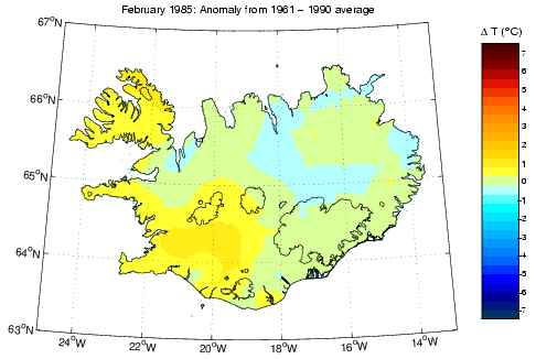 Frávik frá meðalhita í febrúar 1985