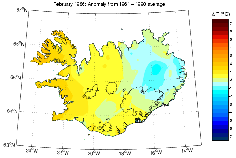 Frávik frá meðalhita í febrúar 1986