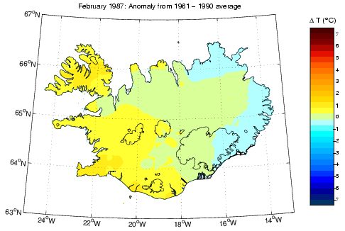 Frávik frá meðalhita í febrúar 1987