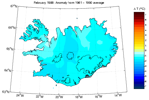 Frávik frá meðalhita í febrúar 1988