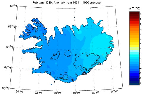 Frávik frá meðalhita í febrúar 1989