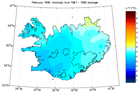 Frávik frá meðalhita í febrúar 1990