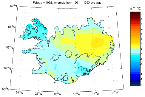 Frávik frá meðalhita í febrúar 1992