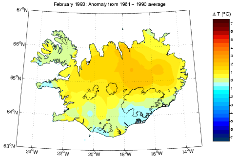 Frávik frá meðalhita í febrúar 1993