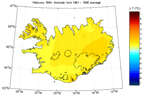 Frávik frá meðalhita í febrúar 1994