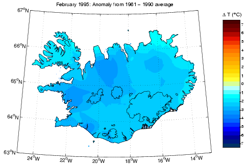 Frávik frá meðalhita í febrúar 1995