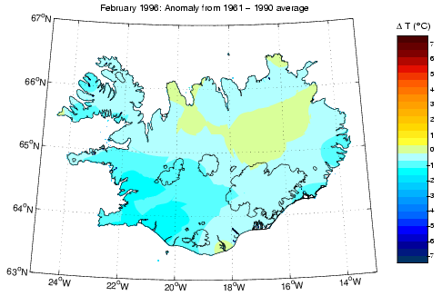 Frávik frá meðalhita í febrúar 1996