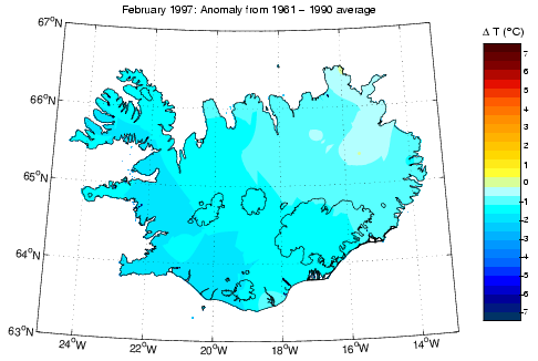 Frávik frá meðalhita í febrúar 1997