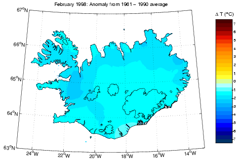 Frávik frá meðalhita í febrúar 1998