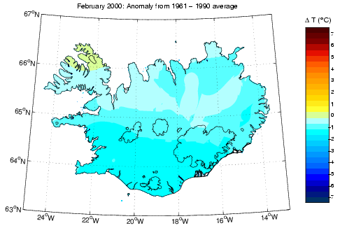 Frávik frá meðalhita í febrúar 2000