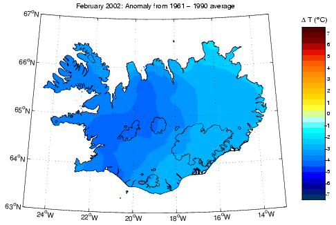 Frávik frá meðalhita í febrúar 2002