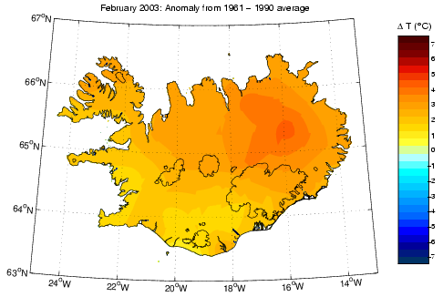 Frávik frá meðalhita í febrúar 2003