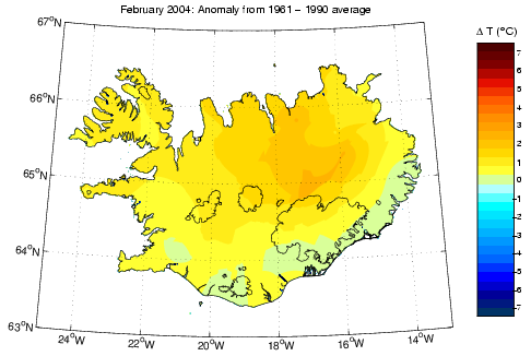 Frávik frá meðalhita í febrúar 2004