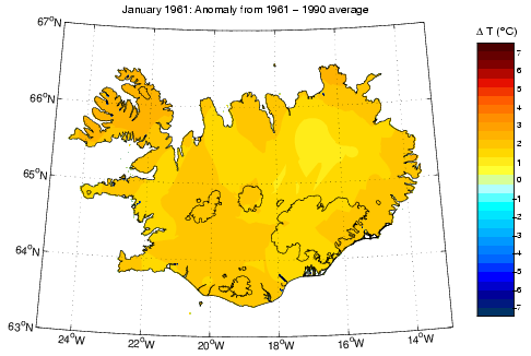 Frávik frá meðalhita í janúar 1961