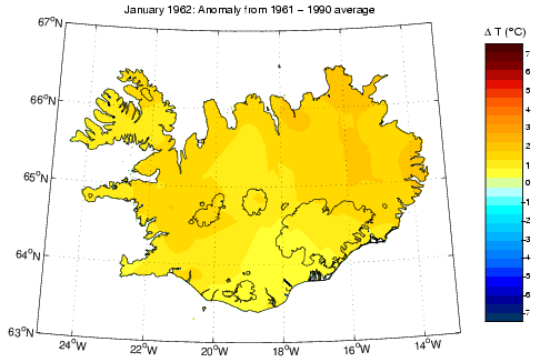 Frávik frá meðalhita í janúar 1962