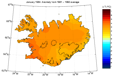 Frávik frá meðalhita í janúar 1964