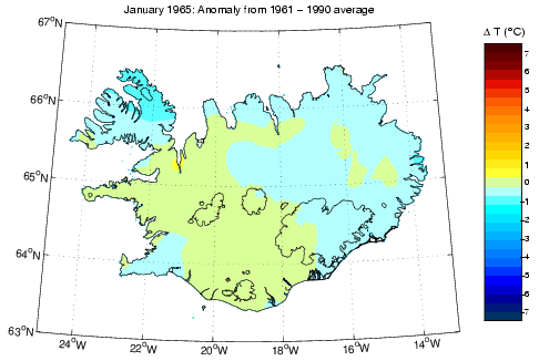 Frávik frá meðalhita í janúar 1965