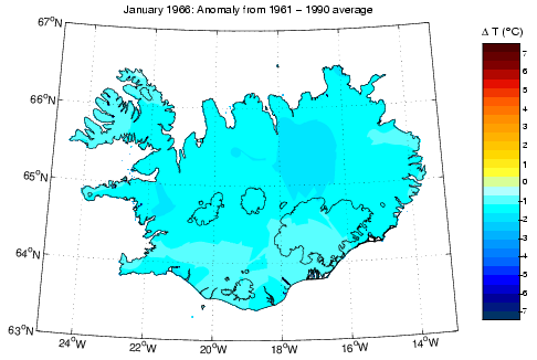 Frávik frá meðalhita í janúar 1966