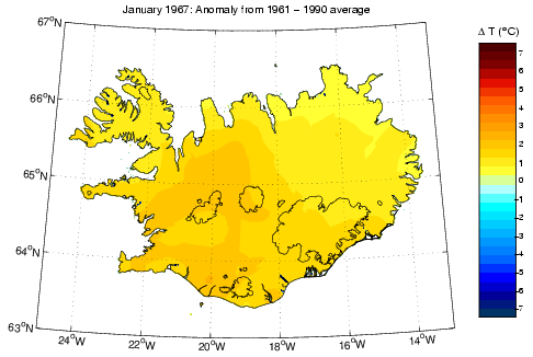 Frávik frá meðalhita í janúar 1967