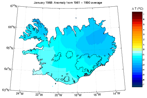 Frávik frá meðalhita í janúar 1968