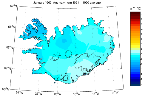 Frávik frá meðalhita í janúar 1969