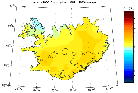 Frávik frá meðalhita í janúar 1970