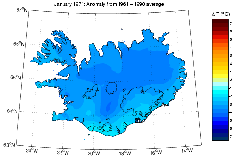 Frávik frá meðalhita í janúar 1971