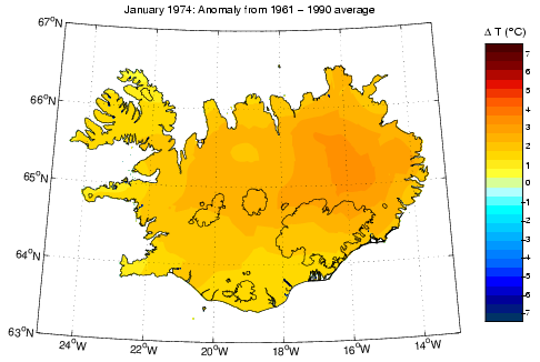 Frávik frá meðalhita í janúar 1974