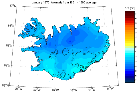 Frávik frá meðalhita í janúar 1975